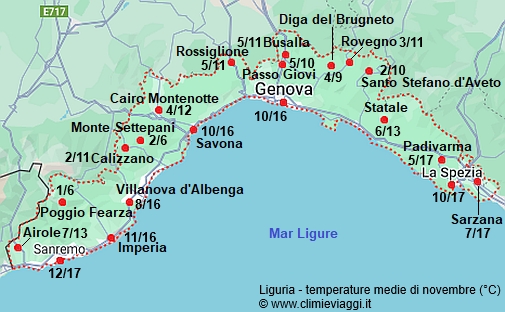 Liguria - mappa con le temperature medie a novembre