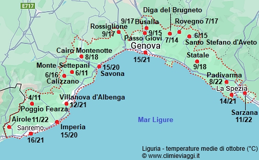 Liguria - mappa con le temperature medie a ottobre