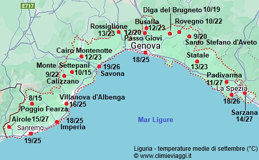 Liguria - mappa con le temperature medie a settembre