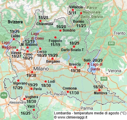 Lombardia - mappa con le temperature medie a agosto
