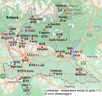 Lombardia - mappa con le temperature medie a aprile