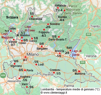 Lombardia - mappa con le temperature medie a gennaio