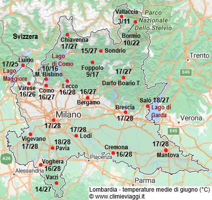 Lombardia - mappa con le temperature medie a giugno
