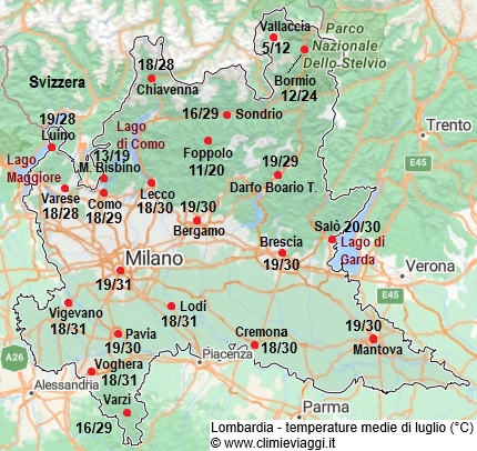 Lombardia - mappa con le temperature medie a luglio