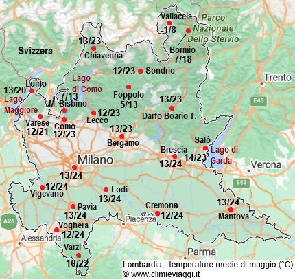 Lombardia - mappa con le temperature medie a maggio