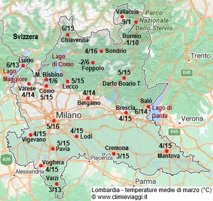 Lombardia - mappa con le temperature medie a marzo