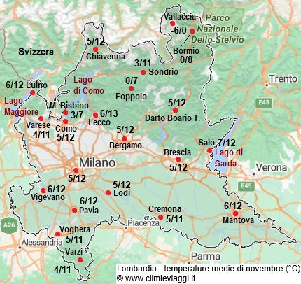 Lombardia - mappa con le temperature medie a novembre