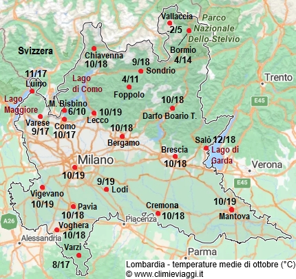Lombardia - mappa con le temperature medie a ottobre