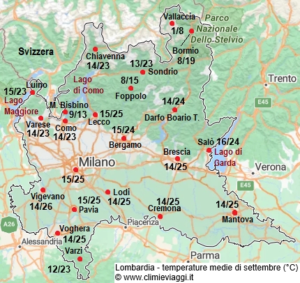 Lombardia - mappa con le temperature medie a settembre