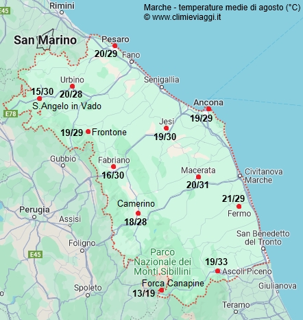 Marche - mappa con le temperature medie a agosto