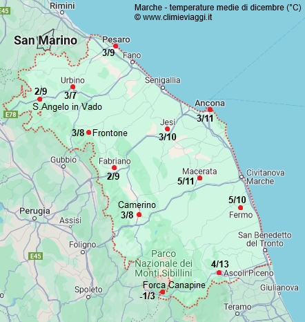 Marche - mappa con le temperature medie a dicembre