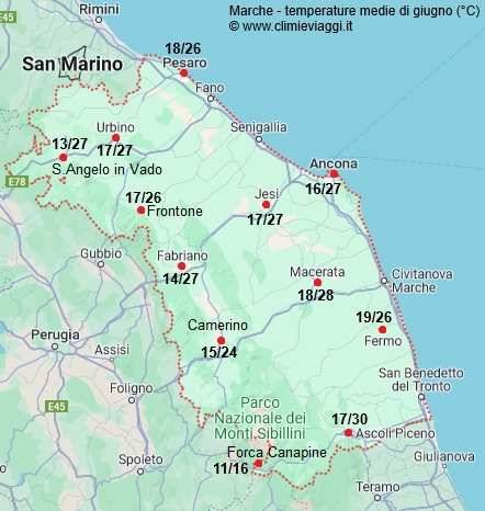 Marche - mappa con le temperature medie a giugno
