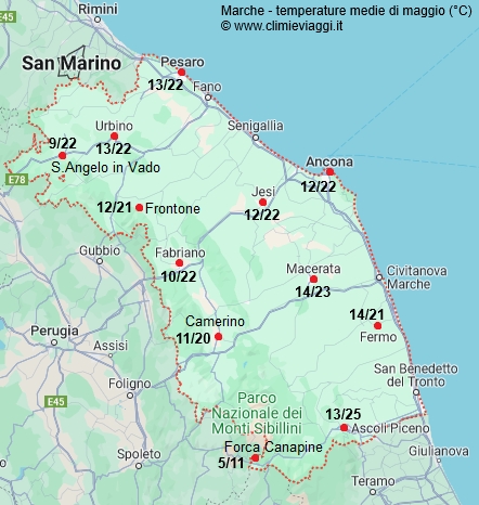 Marche - mappa con le temperature medie a maggio