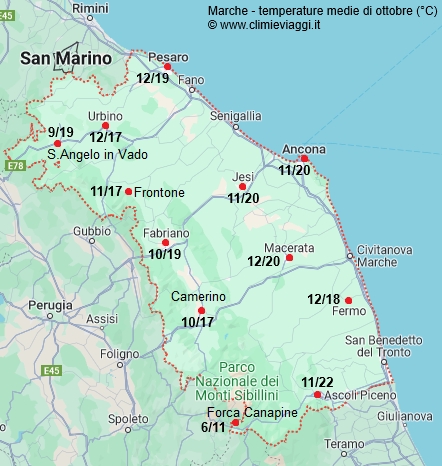 Marche - mappa con le temperature medie a ottobre