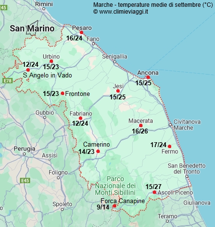 Marche - mappa con le temperature medie a settembre