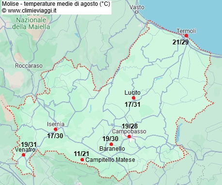 Molise - mappa con le temperature medie a agosto