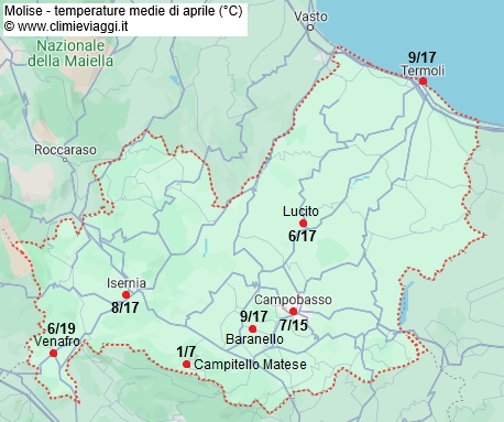 Molise - mappa con le temperature medie a aprile