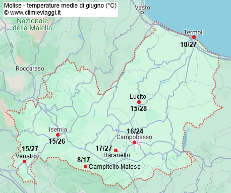 Molise - mappa con le temperature medie a giugno