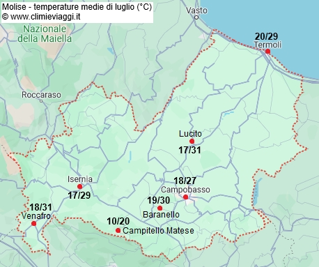 Molise - mappa con le temperature medie a luglio