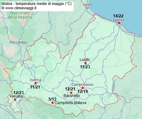 Molise - mappa con le temperature medie a maggio