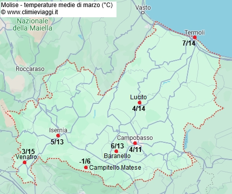 Molise - mappa con le temperature medie a marzo