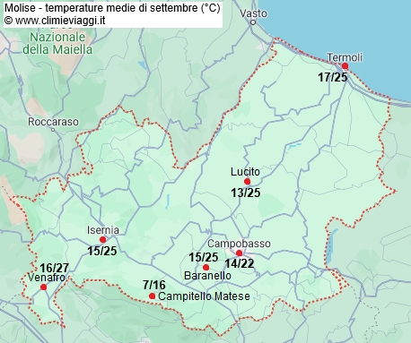 Molise - mappa con le temperature medie a settembre