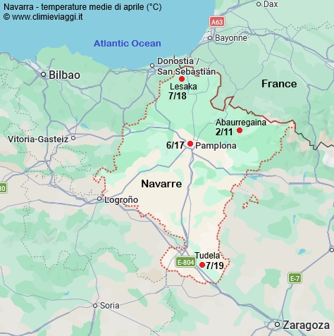 Navarra - mappa con le temperature medie a aprile