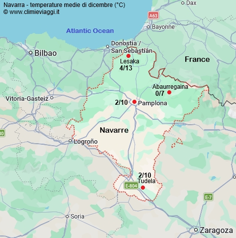 Navarra - mappa con le temperature medie a dicembre
