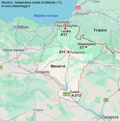 Navarra - mappa con le temperature medie a febbraio