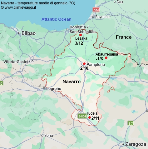 Navarra - mappa con le temperature medie a gennaio