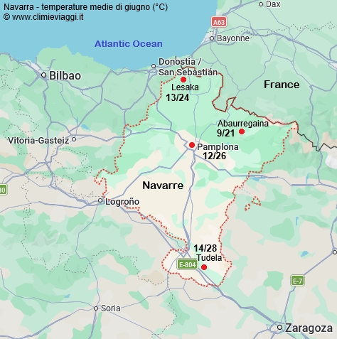 Navarra - mappa con le temperature medie a giugno