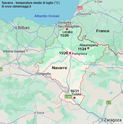 Navarra - mappa con le temperature medie a luglio