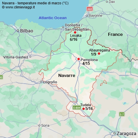 Navarra - mappa con le temperature medie a marzo