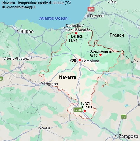Navarra - mappa con le temperature medie a ottobre