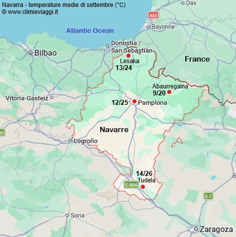 Navarra - mappa con le temperature medie a settembre