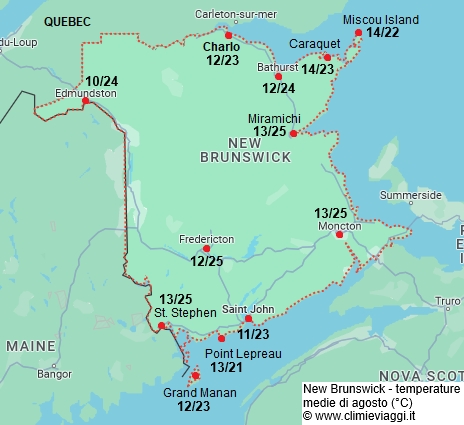 Nuovo Brunswick - mappa con le temperature medie a agosto