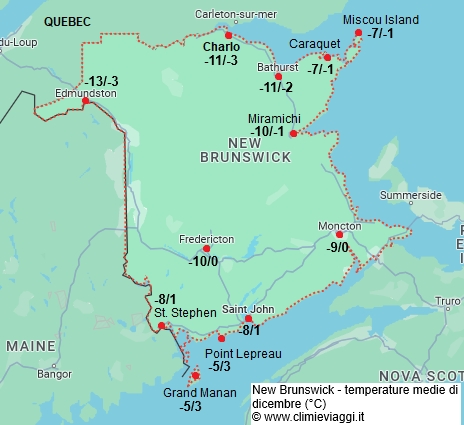 Nuovo Brunswick - mappa con le temperature medie a dicembre