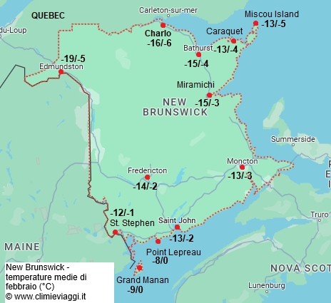 Nuovo Brunswick - mappa con le temperature medie a febbraio