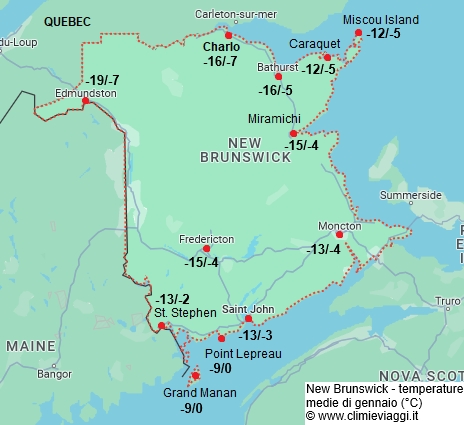 Nuovo Brunswick - mappa con le temperature medie a gennaio