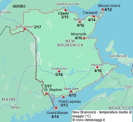 Nuovo Brunswick - mappa con le temperature medie a maggio