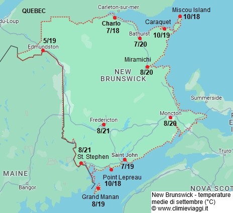 Nuovo Brunswick - mappa con le temperature medie a settembre