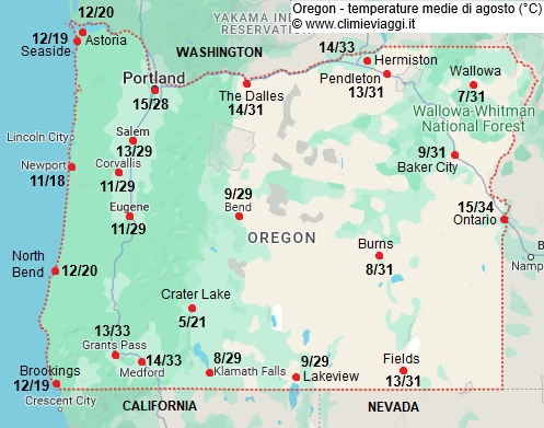 Oregon - mappa con le temperature medie a agosto