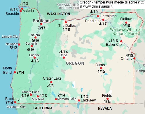 Oregon - mappa con le temperature medie a aprile