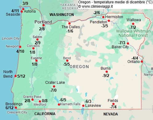 Oregon - mappa con le temperature medie a dicembre