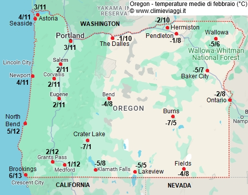 Oregon - mappa con le temperature medie a febbraio