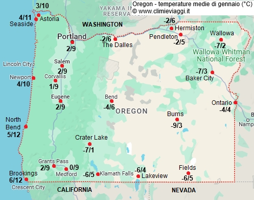 Oregon - mappa con le temperature medie a gennaio