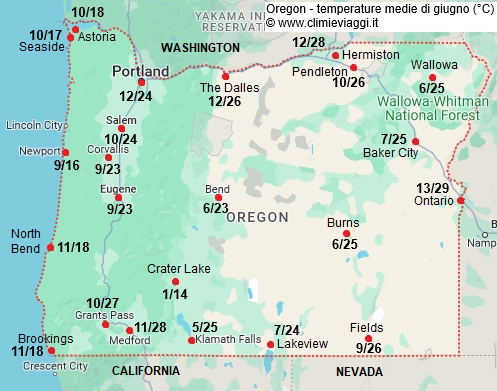 Oregon - mappa con le temperature medie a giugno