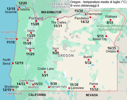 Oregon - mappa con le temperature medie a luglio
