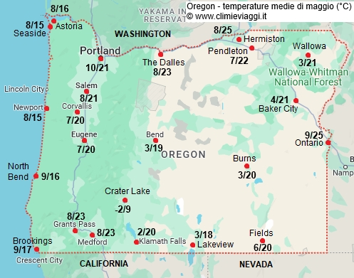 Oregon - mappa con le temperature medie a maggio