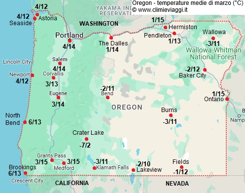 Oregon - mappa con le temperature medie a marzo